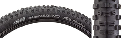 Close-up of the 27.5x2.8 Hans Dampf Evo SS Bicycle Tire, showcasing its staggered center knobs, angled shoulders, and large aggressive corner knobs, designed for versatile performance on various terrains and conditions.