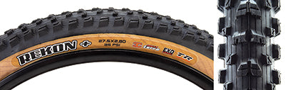 27.5x2.8 Black/Tan Rekon+ EXO/TR/TERRA Bicycle Tire close-up showing wide central knobs for braking control and L-shaped side knobs for cornering support, highlighting tread details and sidewall protection features.