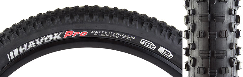 Close-up of the 27.5x2.8 Havok Pro DTC/TR/TLR Bicycle Tire, showcasing its tread pattern, siped transition knobs, and shoulder blocks designed for versatile trail conditions.