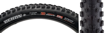 Close-up of a 27.5x2.8 Rekon+ TERRA/EXO+/TR Bicycle Tire, showcasing wide middle knobs for braking control and L-shaped side knobs for support in loose turns.