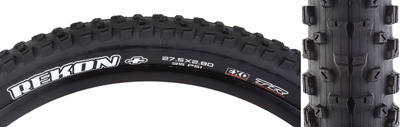 Close-up of the 27.5x2.8 Rekon+ DC/EXO/TR Bicycle Tire showcasing its tread pattern with well-spaced paddle-like knobs and siped corners, designed for versatile terrain and sidewall protection.