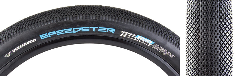 Close-up of the 27.5x3.0 Speedster Fold Bicycle Tire, highlighting its detailed tread pattern designed for high performance on hard pack or paved terrain.