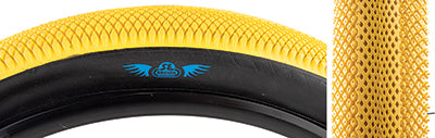 27.5x3.0 Yellow Speedster Bicycle Tire, designed for high performance in BMX racing and urban shredding, features close-up details of the tire's tread and durable rubber compound.