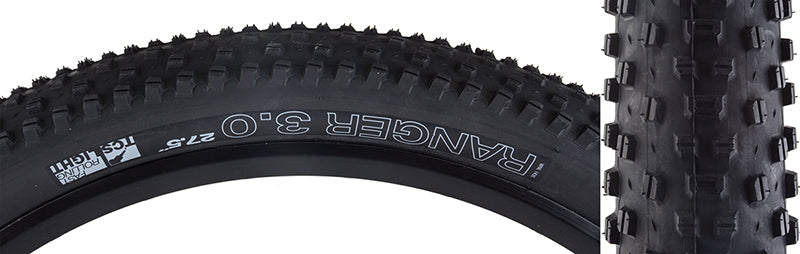 Close-up of the 27.5x3.0 Ranger TCS Light Fast Rolling Bicycle Tire, showcasing its smooth profile, open tread pattern, larger shoulder knobs, and tubeless compatibility for efficient, durable, and consistent handling.