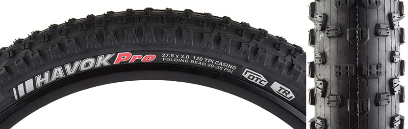 27.5x3.0 Havok Pro DTC/TR/TLR Bicycle Tire showcasing close-up of tread pattern, designed for versatile trail conditions with dual compound rubber for enhanced grip and sealant compatibility for tubeless setups.