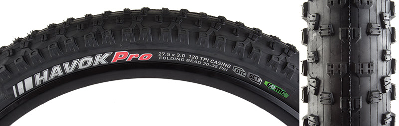 27.5x3.0 Havok Pro DTC/EMC/TLR/E50 Bicycle Tire featuring a close-up of its tread and transition knobs, ideal for various trail conditions and compatible with both standard and E-Bikes.