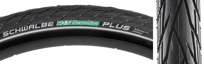 Close-up of the 28x1.75 Reflective Energizer Plus Perf Twin GG Bicycle Tire, highlighting its deep water-evacuating grooves and superior tread profile designed for E-bikes and regular bikes.