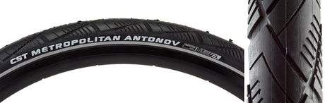 Close-up of the 28x2.0 Reflective Metropolitan Antonov Bicycle Tire, showcasing its tread pattern, reflective sidewall for night visibility, and smooth urban tread with large siping grooves.