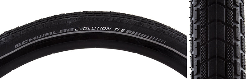 Close-up of a 28x2.0 Reflective Marathon Almotion Evolution MicroSkin Bicycle Tire, showcasing tightly spaced block tread and reflective sidewall striping for better visibility.