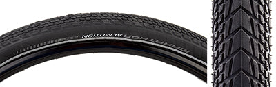 Close-up of the 28x2.15 Marathon Almotion Evolution RaceGuard Bicycle Tire, showcasing its tightly spaced block tread and reflective sidewall striping for enhanced low-light visibility.