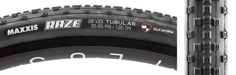 Close-up of a 28x33 Raze Bicycle Tire, showcasing its durable single compound casing and SilkWorm reinforcement for enhanced puncture and tear resistance, ideal for cyclocross racing in mud, snow, and hardpack conditions.