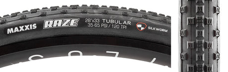 Close-up of a 28x33 Raze Bicycle Tire, showcasing its durable single compound casing and SilkWorm reinforcement for enhanced puncture and tear resistance, ideal for cyclocross racing in mud, snow, and hardpack conditions.