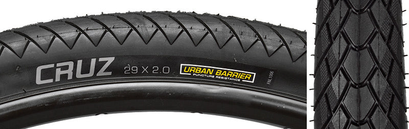 Close-up of the 29x2.0 Cruz Comp Bicycle Tire showcasing its shallow, tightly spaced tread blocks and all-weather tread pattern for efficient roll and superior traction control.