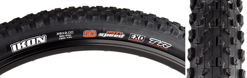 Close-up of the 29x2.0 Ikon EXO/TR Bicycle Tire showcasing its tread design and sidewall protection, emphasizing its high-volume casing and fast-rolling capabilities for versatile riding conditions.