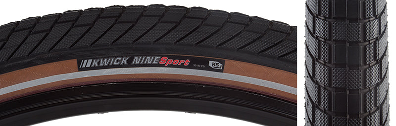 Close-up of the 29x2.0 Reflective Black/Tan Kwick Nine Sport Bicycle Tire showcasing its fast-rolling tread pattern and reflective sidewall striping for enhanced low-light visibility.