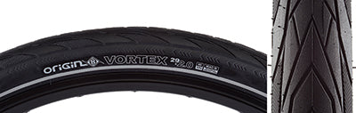 Close-up of 29x2.0 Reflective Vortex Bicycle Tire showing smooth, fast-rolling tread with water-evacuating grooves and textured shoulder blocks, designed for superior grip and safety in various road conditions.