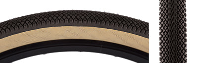 Close-up of a 29x2.1 Black/Tan SE Speedster Bicycle Tire, highlighting its honeycomb center tread pattern with densely packed small knobs extending to the shoulder, designed for the SE Bikes Big Ripper 29' BMX bike.