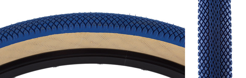 Close-up of the 29x2.1 Blue SE Speedster Bicycle Tire showing its honeycomb center tread and densely packed small knobs extending to the shoulder.