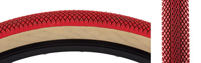 Close-up of the 29x2.1 Red SE Speedster Bicycle Tire, showcasing Vee's Speedster tread with honeycomb center and siped small knobs extending to the shoulder, designed for SE Bikes Big Ripper 29' BMX.