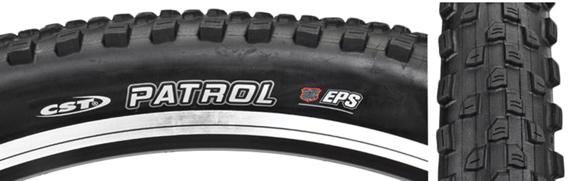 Close-up of the 29x2.1 Patrol Bicycle Tire showcasing staggered medium-height center knobs and aggressive corner knobs for excellent grip and reduced rolling resistance. Versatile tread pattern visible for various conditions.