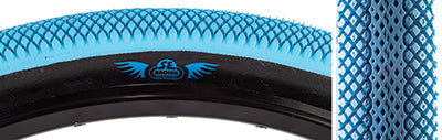 Close-up of the 29x2.1 Light Blue Speedster Bicycle Tire, showcasing its tread pattern designed for minimal drag and high performance on hard pack or paved terrain.