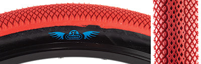 Close-up of a 29x2.1 Red Speedster Bicycle Tire, highlighting its durable, minimal drag design, optimized for BMX racing and urban use, in collaboration with SE Bikes and Vee Rubber.