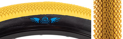 Close-up of the 29x2.1 Yellow Speedster Bicycle Tire, showcasing its tread design optimized for BMX racing, dirt jumps, and urban riding. Collaboration between SE Bikes and Vee Rubber for high performance.