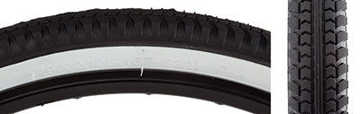 Close-up of the 29x2.125 Black/White Cruiser Directional Bicycle Tire, showcasing its smooth rolling center pattern and larger lugs on the shoulders for enhanced corner traction.