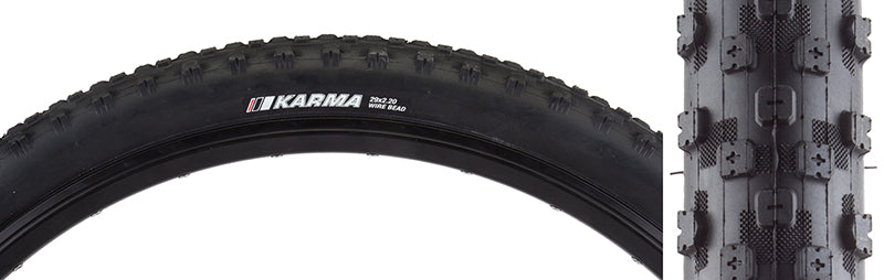 Close-up of a 29x2.2 Karma Sport Bicycle Tire showcasing its versatile tread surface with medium-sized knobs for fast rolling and increased tread life.