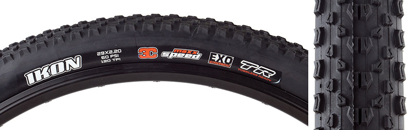 29x2.2 Ikon SPEED/EXO/TR Bicycle Tire featuring white text branding, visible tread pattern, and reinforced sidewalls designed for enhanced puncture protection and optimal performance in diverse riding conditions.