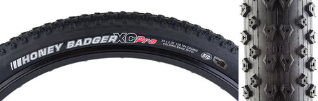 29x2.2 Honey Badger XC Pro TR Bicycle Tire with close-up of its tread pattern, showcasing fast rolling triangular center tread and aggressive corner knobs designed for optimal grip and mud shedding.