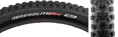 Close-up of the 29x2.2 Regolith Pro SCT Bicycle Tire, showcasing its alternating double block tread center and chain corner lugs, designed for versatile off-road handling and traction.