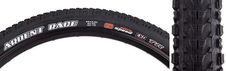 29x2.2 Ardent Race 3C/EXO/TR Bicycle Tire close-up showing its medium-height tread and white text on the sidewall, highlighting its tubeless-ready design and advanced compounds for optimal performance.