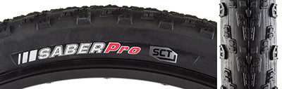 Close-up of the 29x2.2 Saber Pro Bicycle Tire, showcasing its low-profile tread with larger edge knobs for traction, designed for minimal rolling resistance and tubeless compatibility, ideal for high-end racing.