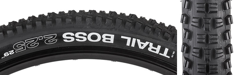 Close-up of the 29x2.25 Trail Boss Comp Bicycle Tire, highlighting its tight tread spacing, robust casing, and blocky, tall tread designed for high-speed performance and effective braking.