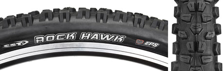 Close-up of the 29x2.25 Rock Hawk Wire Bicycle Tire, showcasing its aggressive tread pattern with large, well-spaced lugs designed for shedding mud and debris on varied mountain bike trails.