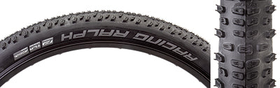 Close-up of the 29x2.25 Racing Ralph Performance Twin Bicycle Tire, showcasing its tread pattern and rubber coating designed for speed with minimal puncture protection.