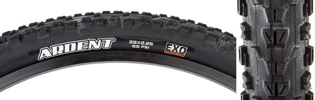 Close-up of a 29x2.25 Ardent SC/EXO Bicycle Tire showcasing its center tread with ramped knobs and durable single compound casing, designed for optimal traction and reduced rolling resistance.