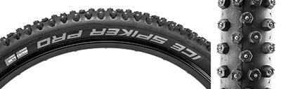 Close-up of the 29x2.25 Ice Spiker Pro Evo Lite Bicycle Tire, showcasing its spiked tread and lightweight, thin sidewall designed for gripping icy roads effectively.