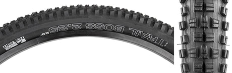 Close-up of the 29x2.25 Trail Boss TCS Light Fast Bicycle Tire, showcasing its tight tread spacing, blocky knobs, and durable, fast-rolling centerline, optimized for efficiency and traction.