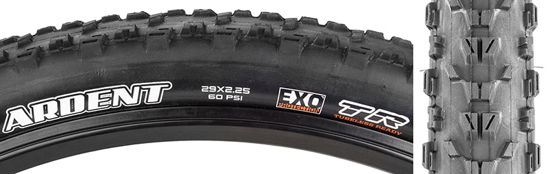 Close-up of the 29x2.25 Ardent DC/EXO/TR Bicycle Tire, highlighting its center tread with ramped knobs and EXO sidewall protection, designed to reduce rolling resistance and prevent punctures.