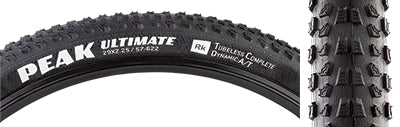 Close-up of a 29x2.25 Peak Ultimate Bicycle Tire showcasing its detailed tread pattern and supple casing designed for low rolling resistance and high traction.