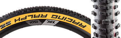 Close-up of a 29x2.25 Racing Ralph Bicycle Tire showcasing its tread pattern, designed for speed with minimal puncture protection, featuring Addix Speed compound for improved rolling resistance and durability.