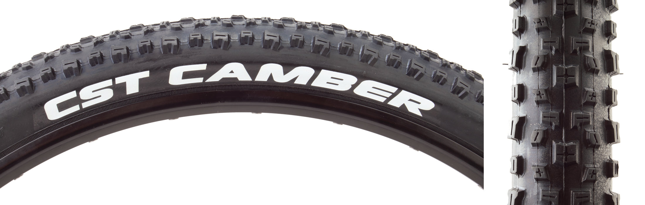 Close-up of a 29x2.25 Camber Bicycle Tire showcasing its fast-rolling center knobs and aggressive side knobs for cornering, designed for optimal performance and puncture resistance with EPS and DC technology.