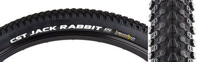 Close-up of the 29x2.25 Jack Rabbit Fold Bicycle Tire, showcasing the small, closely spaced knobs and white text on the black tire, highlighting its tread pattern and robust design.