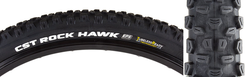 Close-up of the 29x2.25 Rock Hawk Fold Bicycle Tire showcasing its aggressive tread pattern with large, well-spaced lugs and ramped center knobs for improved rolling resistance.