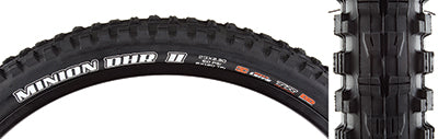 29x2.3 Minion DHR II TR/DD Bicycle Tire, showcasing close-up tread and sidewall with white text, designed for improved acceleration, cornering, and braking performance.