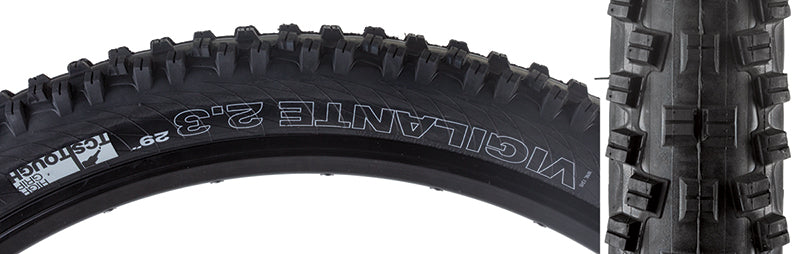 Close-up of the 29x2.3 Vigilante TCS Tough High Grip Bicycle Tire showcasing its square-lugged open tread pattern and robust knobs designed for stability and traction in challenging terrains.