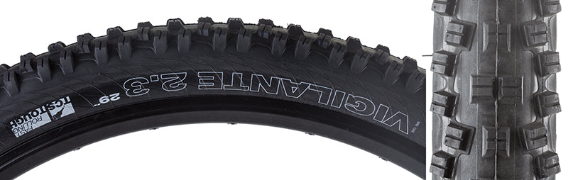 Close-up of the 29x2.3 Vigilante TCS Tough Fast Rolling Bicycle Tire, showcasing its square-lugged open-tread pattern and stiff outside knobs designed for stability and grip in challenging terrains.