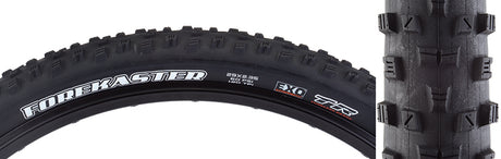 Close-up of the 29x2.35 Forekaster DC/EXO/TR Bicycle Tire, showcasing its mid-height tread blocks and wide cupped knobs designed for excellent braking and mud-clearing on loose trails.